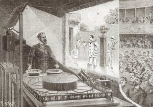 &39;Theatre Optique&39;及其发明家Emile Reynaud（1844-1918），来自&39;Pauvre Pierrot&39;的场景，c.1892-1900